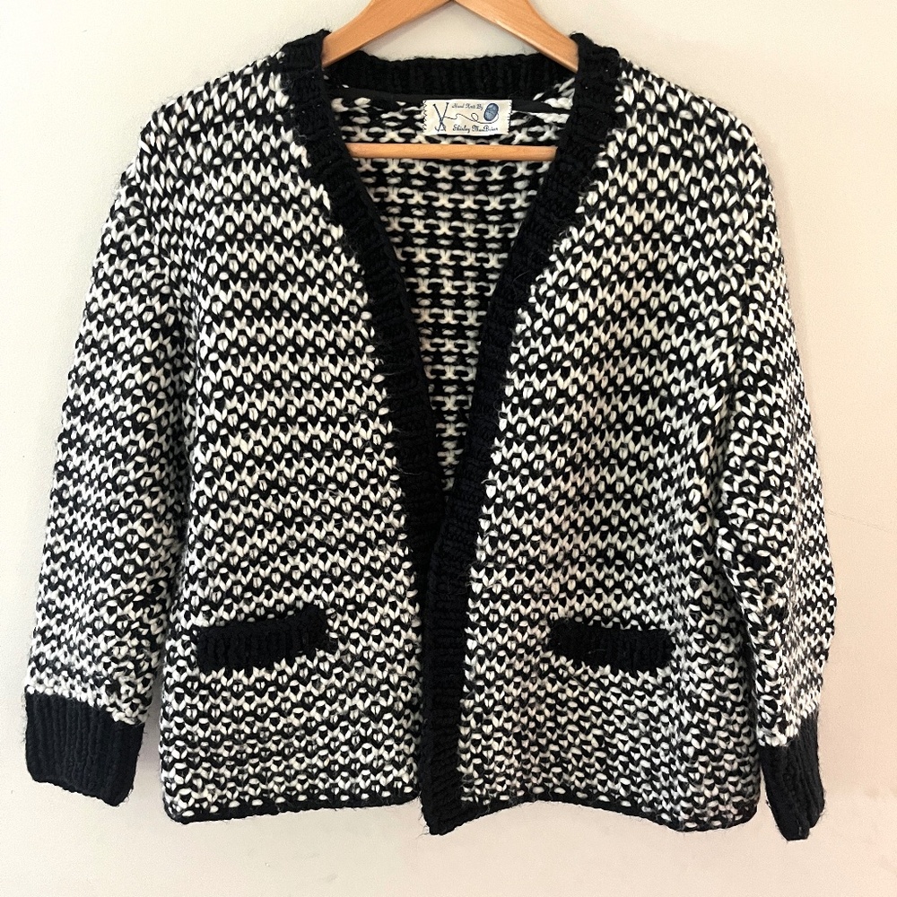 Vintage Handknit Cardigan in Black and White Houndstooth